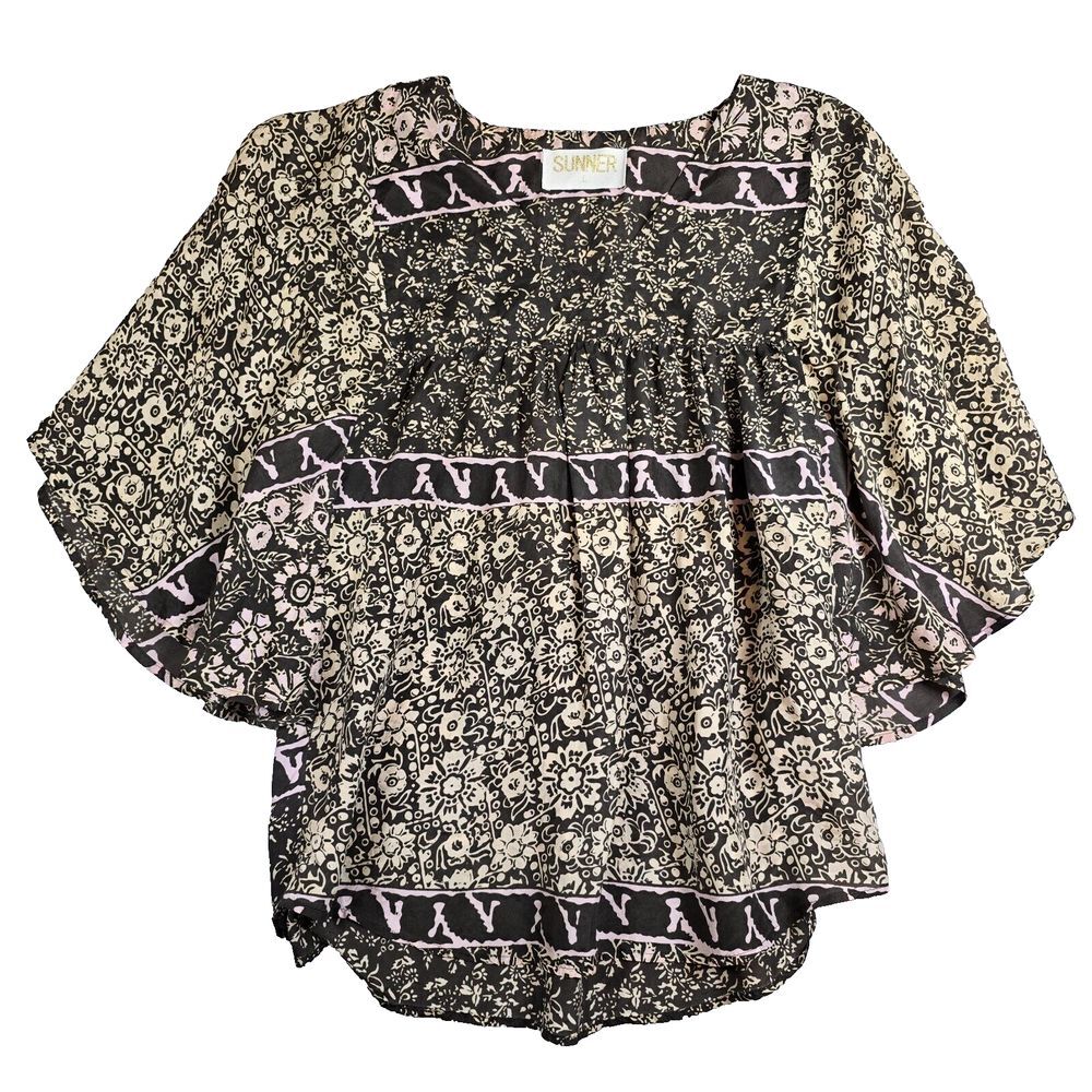 Sunner Women's Boho Patterned 100% Silk Square Neck Dolman‎ Sleeve Blouse Sz L